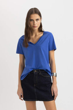 Базовая футболка из чесаного хлопка с короткими рукавами и V-образным вырезом стандартного кроя - Defacto фото 3