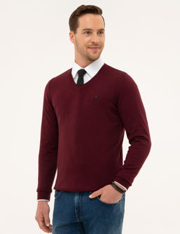 Bordo Slim Fit V Yaka Basic Triko Kazak