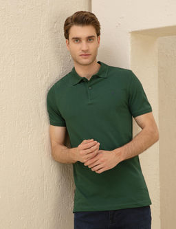 Koyu Ye_il Slim Fit %100 Pamuk Polo Yaka Basic Ti__rt