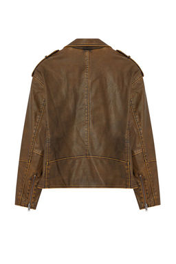 Kahverengi Oversize Kal?p Y?kama Efekctli Suni Deri Biker Ince Ceket Mont TWOAW25MO00010 - Trendyolmilla фото 8