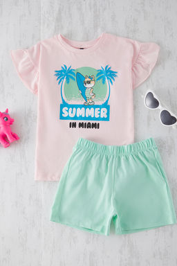 Pembe K?z Cocuk %100 Pamuk Bask?l? F?rf?r Detayl? Orme Pijama Tak?m? TKDSS25PT00025