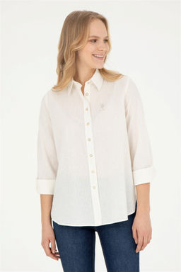 Женская рубашка с длинным рукавом цвета экрю - U.s. polo assn фото 3