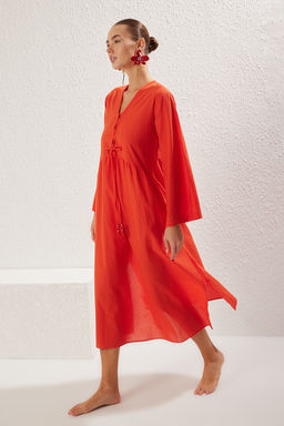 K?rm?z? Dokuma Buzgulu %100 Pamuk Maxi Plaj Elbise TBESS25EL00015 - Trendyolmilla фото 2