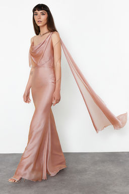 Pembe Carmen Yaka Dokuma Sifon Uzun S?k Abiye Elbise TPRSS24AE00137
