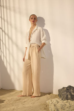 Bej %100 Keten Beli Baglama Detayl? Yuksek Bel Wide Leg Pantolon TWOSS25JE00243