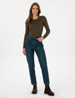 Mom H_gh Wa_st Koyu _ndigo Jean Pantolon