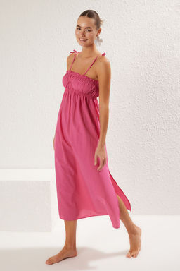 Pembe Dokuma Buzgulu Maxi Plaj Elbise TBESS25EL00029