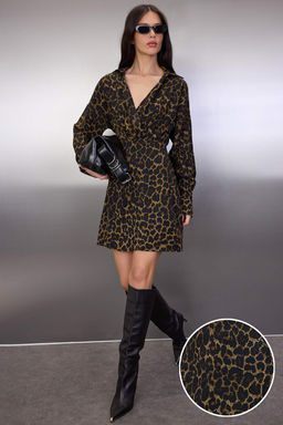 Kahverengi Animal Desenli Kruvaze Yaka K?sa / Mini Dokuma Elbise TWOAW26EL00343 - Trendyolmilla фото 5