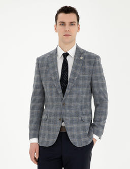 Gri Ex. Slim Fit Y_n Kar___ml_ Ekose Ceket