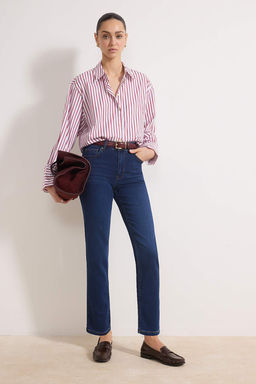 Koyu Mavi Yuksek Bel Straight Yumusak Ekstra Esneyen Orme Kot/Jeans TWOSS26JE00104