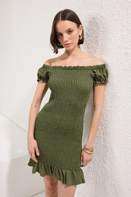 Haki Duz Vucudu Saran Gipeli K?sa / Mini Dokuma Elbise TWOSS23EL00892