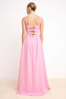 Ac?k Pembe Duz A Kesim Fiyonklu Dokuma Finike Maxi Abiye & Mezuniyet Elbisesi