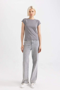 Базовая футболка в рубчик с короткими рукавами приталенного кроя с круглым вырезом - Defacto фото 2