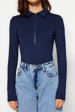 Lacivert Fermuar Yaka Detayl? C?tc?tl? Esnek Orme Body TWOAW24BD00005