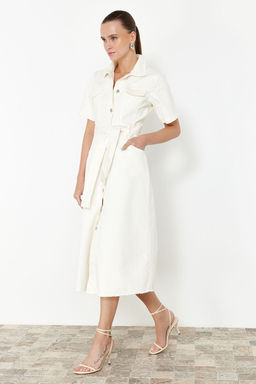 TRENDYOLMILLA Ekru Etek Ucu Puskullu Kemerli Maxi Denim Elbise TWOSS24EL00377 фото 9