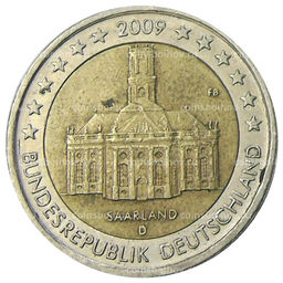 Монета 2 евро 2009 года D Германия Федеральные земли Германии Церковь Людвига в Саарбрюккен Саар