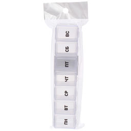 Цена за 10 шт. Таблетница - органайзер 7 ячеек "Неделька", цвет голубой, розовый и прозрачный, 15*3*2см (пакет с подвесом)