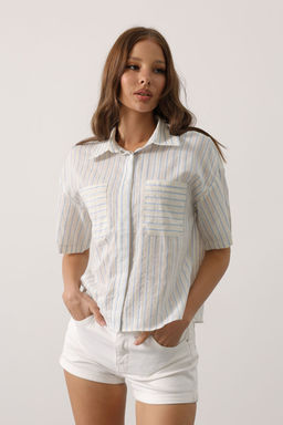 Ekru Yumusak Tuseli Cizgili K?sa Kollu Gomlek TWOAW26GO00076 - Trendyolmilla фото 8