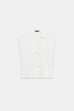 CAMISA SATINADA MANGA CORTA CINTUR?N / Blanco