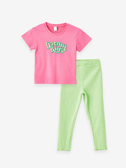 Bisiklet Yaka K?sa Kollu Bask?l? K?z Bebek Ti??rt ve Tayt 2li Tak?m