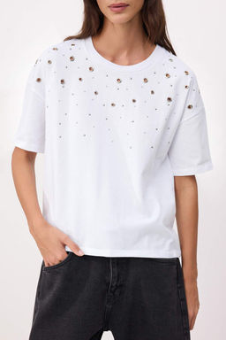 Beyaz Oversize/Genis Kal?p K?sa Kollu Aksesuar Detayl? Uzun %100 Pamuk Orme T-shirt TWOSS26TS00238 - Trendyolmilla фото 3