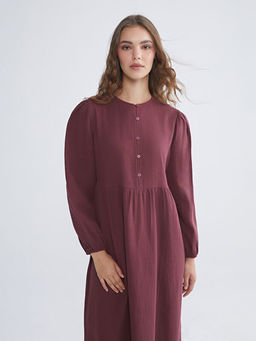 Bisiklet Yaka Dokulu M?slin Pileli Elbise