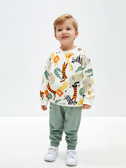 Bisiklet Yaka Bask?l? Erkek Bebek Sweatshirt ve E?ofman Alt 2li