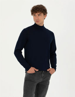 Lacivert Slim Fit Yar_m Bal_k__ Yaka Y_n Kar___ml_ Basic Triko Kazak