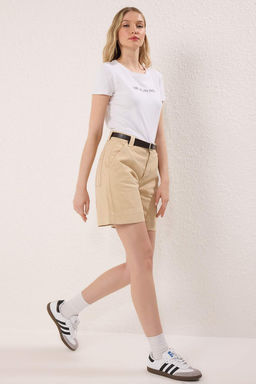 Trendyolmilla Bej Kemerli Dikis Detayl? Yuksek Bel Denim Bermuda TWOSS25SR00196  фото 2