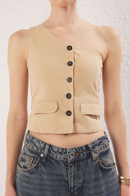 Trendyolmilla Haki Regular Keten Gorunumlu Tek Kol Dokuma Yelek TWOSS25YE00086  фото 8