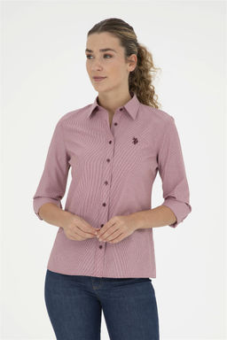 Женская бордовая рубашка в полоску с длинным рукавом