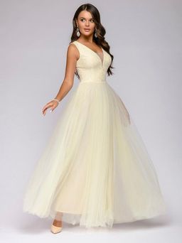 Платье белое длины макси с кружевной отделкой без рукавов - 1001dress фото 5