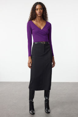 Murdum Derin Kruvaze Yaka Dantel Detayl? Uzun Kol Crop Pamuklu Esnek Orme Bluz TWOAW24BZ00291