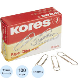 Скрепки KORES с отгибом,никелированные, 33 мм,негофрированные,100шт/уп  фото 2