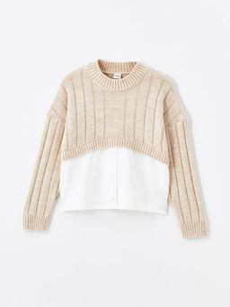 Bisiklet Yaka Desenli Uzun Kollu K?z ?ocuk Triko Kazak