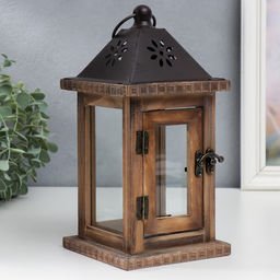 Деревянный подсвечник - фонарь на 1 свечу «Цветок», состаренный 25×12.5×12.5 см