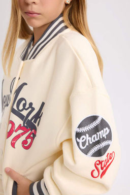 Бомбер с воротником колледжа и принтом для девочек, толстый свитшот из ткани, мягкий пушистый кардиган - Defacto фото 5