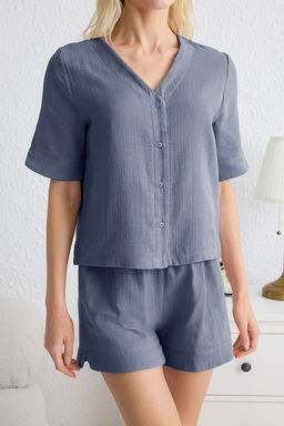 Trendyolmilla Koyu Mavi %100 Pamuklu Baglama Detayl? Muslin Sortlu Dokuma Pijama Tak?m? THMSS25PT00159 фото 8