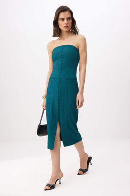 Petrol Straplez Dugme Detayl? Midi Esnek Dokuma Elbise TWOSS26EL00337