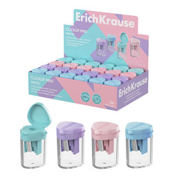 Цена за 24 шт. Точилка пластиковая ErichKrause ClickUp Mini, Pastel, с прозрачным контейнером, ассорти (в коробке-дисплее по 24 шт)
