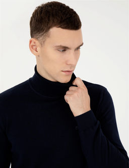 Lacivert Slim Fit Bal_k__ Yaka Basic Triko Kazak