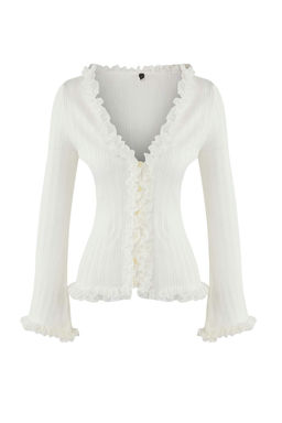 Teen Ekru V Yaka Dantel Garnili Premium/Ozel Iplikli Fitted/Vucuda Oturan Triko H?rka TWOAW26HI00098 - Trendyolmilla фото 5