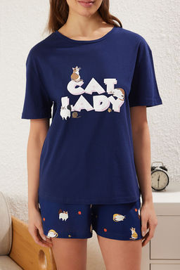 Trendyolmilla Lacivert %100 Pamuklu Kedili ve Sloganl? Sortlu Orme Pijama Tak?m? THMSS25PT00275 фото 4