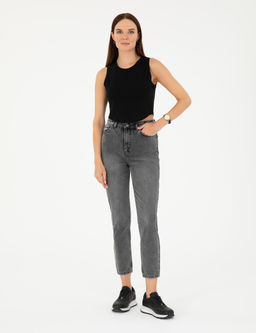 Antrasit Mom High Waist Fit Jean Pantolon