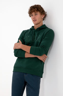 Erkek Regular Fit Kap__onlu Koyu Ye_il Basic Sweatshirt