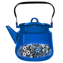 "Вологодский сувенир" Чайник эмалированный 3,5л, д19см, h18см, металлическая крышка, подвижная металлическая ручка, черный-ярко-синий (Россия)