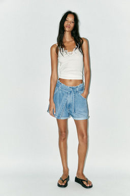 HIGH-WAIST TRF PAPER BAG DENIM BERMUDA SHORTS