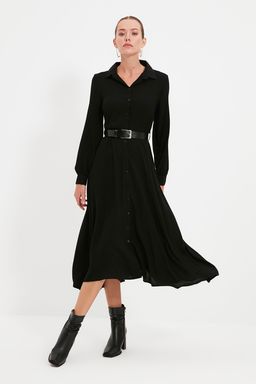 TRENDYOLMILLA Siyah Kemerli Midi Dokuma Gomlek Elbise TWOAW21EL1428  фото 8