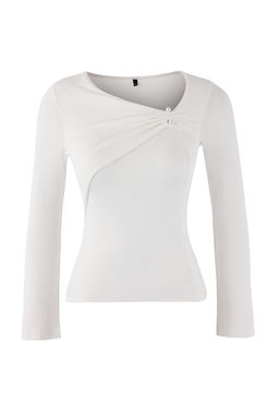 Ekru Fitted/Vucuda Oturan Asimetrik Yaka Aksesuar Detayl? Premium Yumusak Orme Bluz TWOSS26BZ00178 - Trendyolmilla фото 5