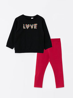 Bisiklet Yaka Uzun Kollu Bask?l? K?z Bebek Sweatshirt ve Tayt 2li Tak?m